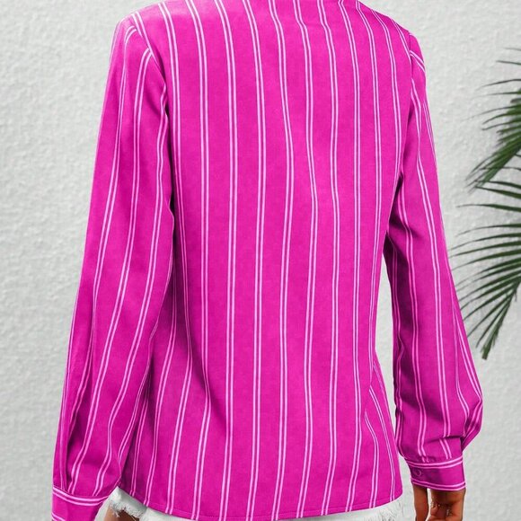 Hot Pink Casual Women's Striped Long Sleeve Shirt - Picture 2 of 6